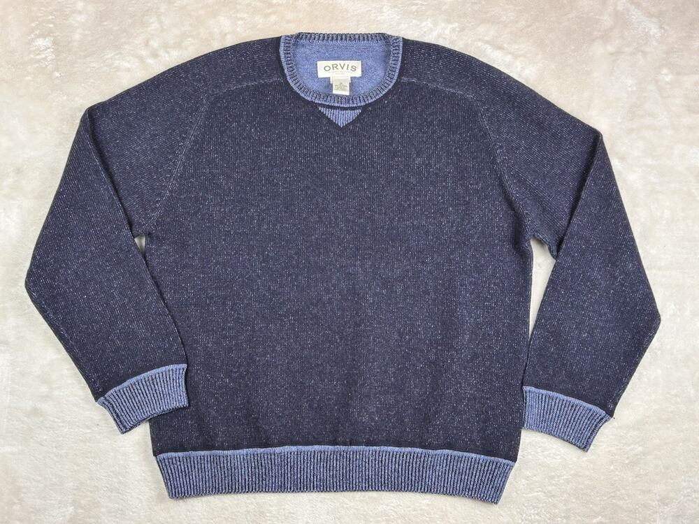 Orvis Sweater Mens Sz M Blue Merino Wool Cashmere Blend Crewneck Pullover